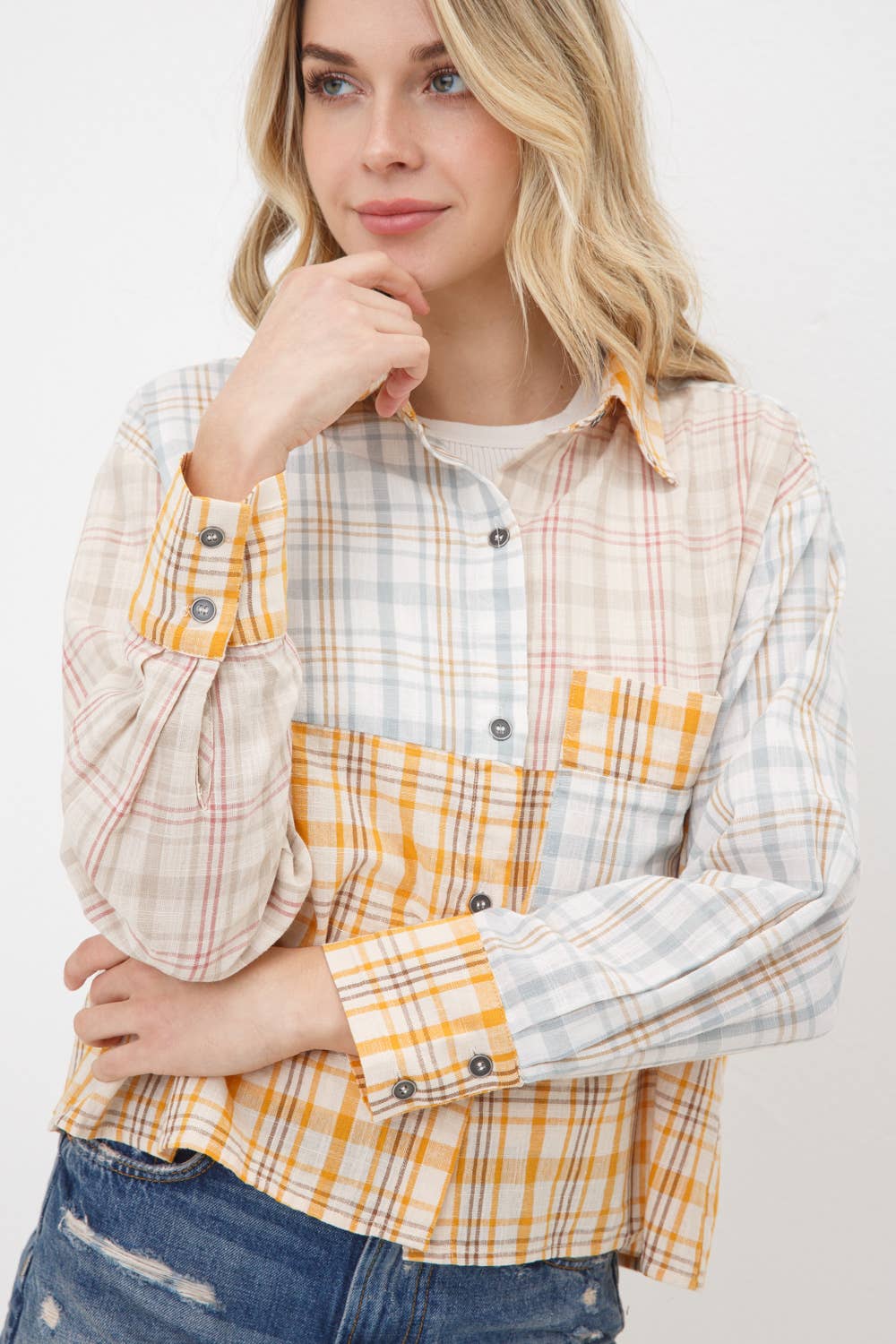 Mix Plaid Pocket Front Button Up Crop Shirt