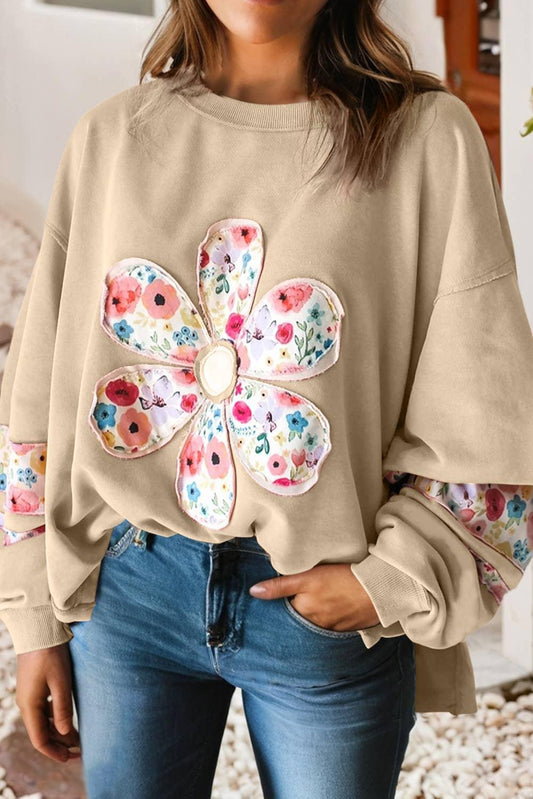 Rose Floral Applique Pullover Sweatshirt - Southern Sassy Boutique