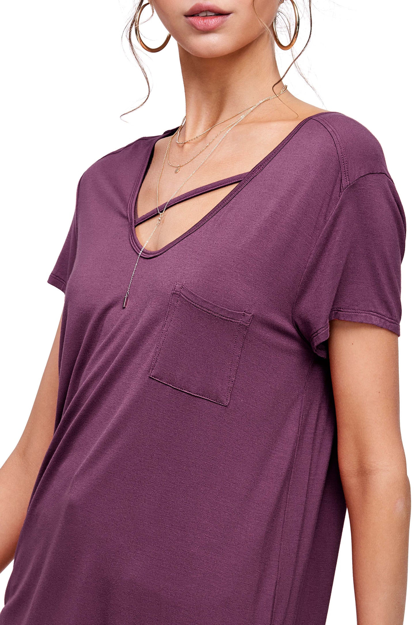 Stretchy Cutout Front Pocket Short Sleeve Basic Top