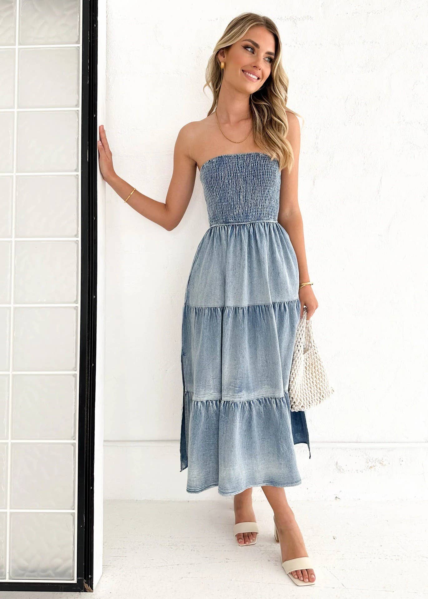 Off-Shoulder Hem Slit Jean Dress