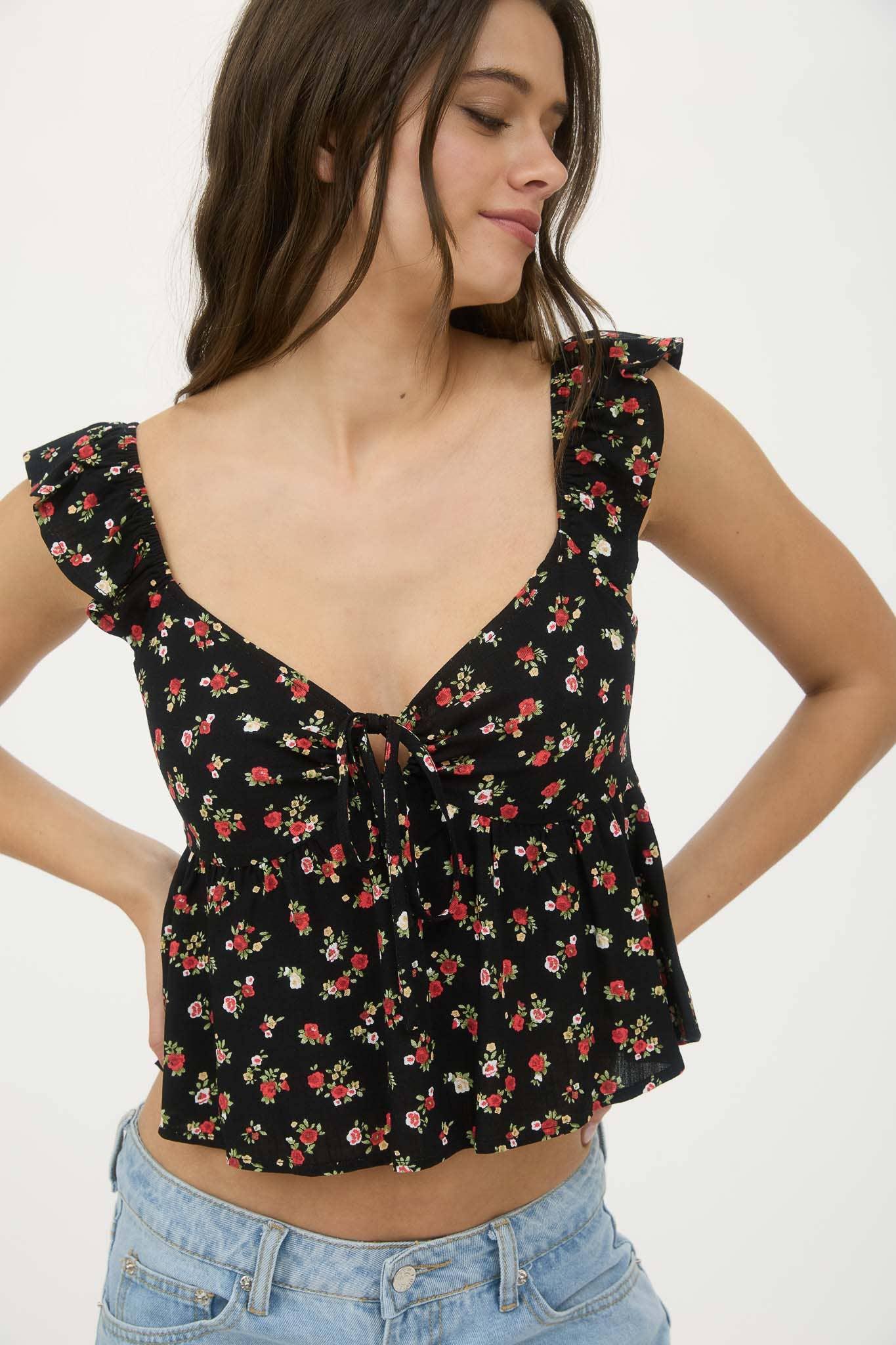 FLORAL CLIP DOT FRONT TIE WITH CUT-OUT CROP TOP - Southern Sassy Boutique