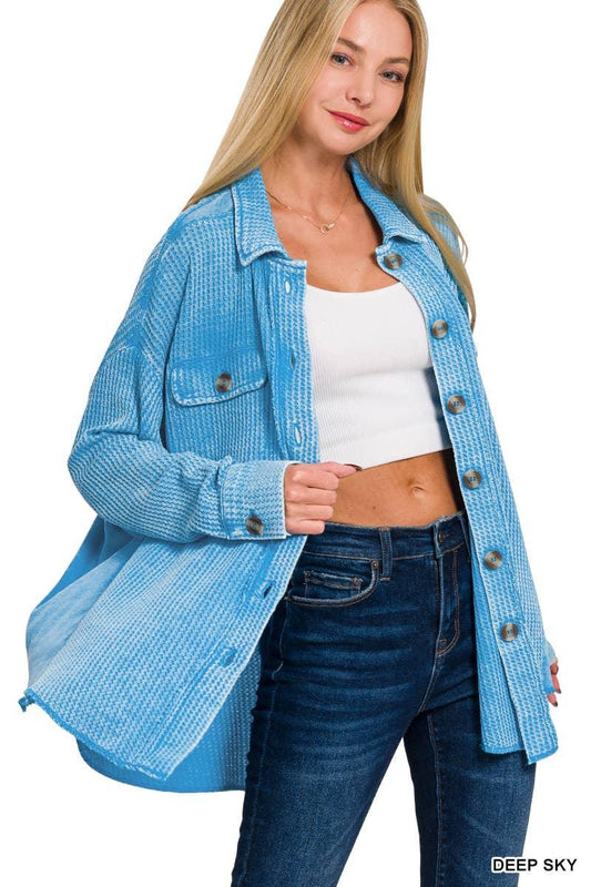 Waffle Acid Wash Oversized Shacket - Southern Sassy Boutique