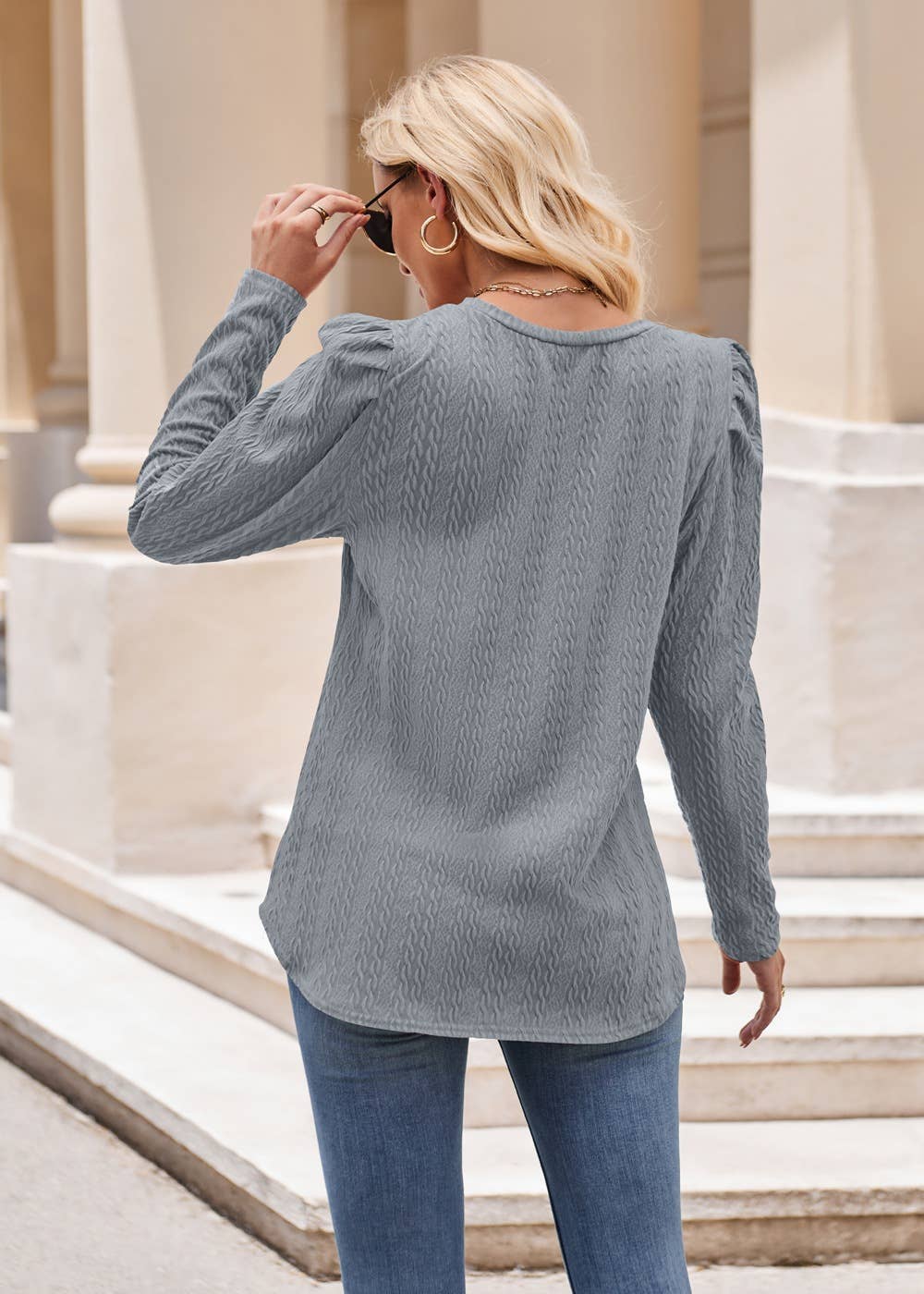 Cable Knit Puff Shoulder Top