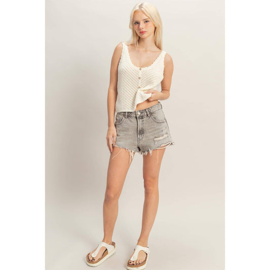 Open Knit Scallop Edge Button Front Tank Top