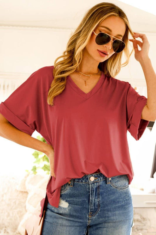 Short Roll-Up V-Neck Casual Knit Top - Southern Sassy Boutique