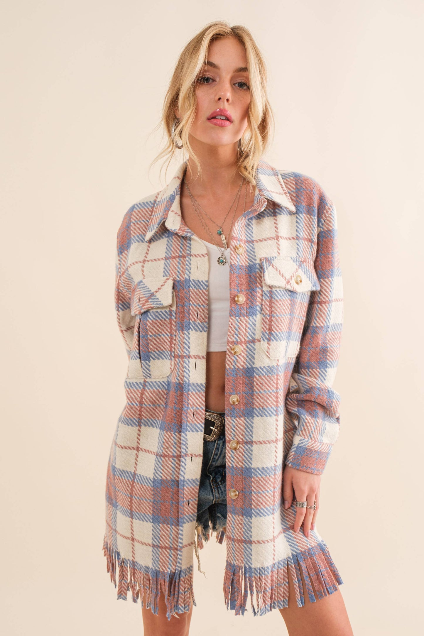 Yarn Dyed Fringe Bottom Button Up Long Shirt Jacket