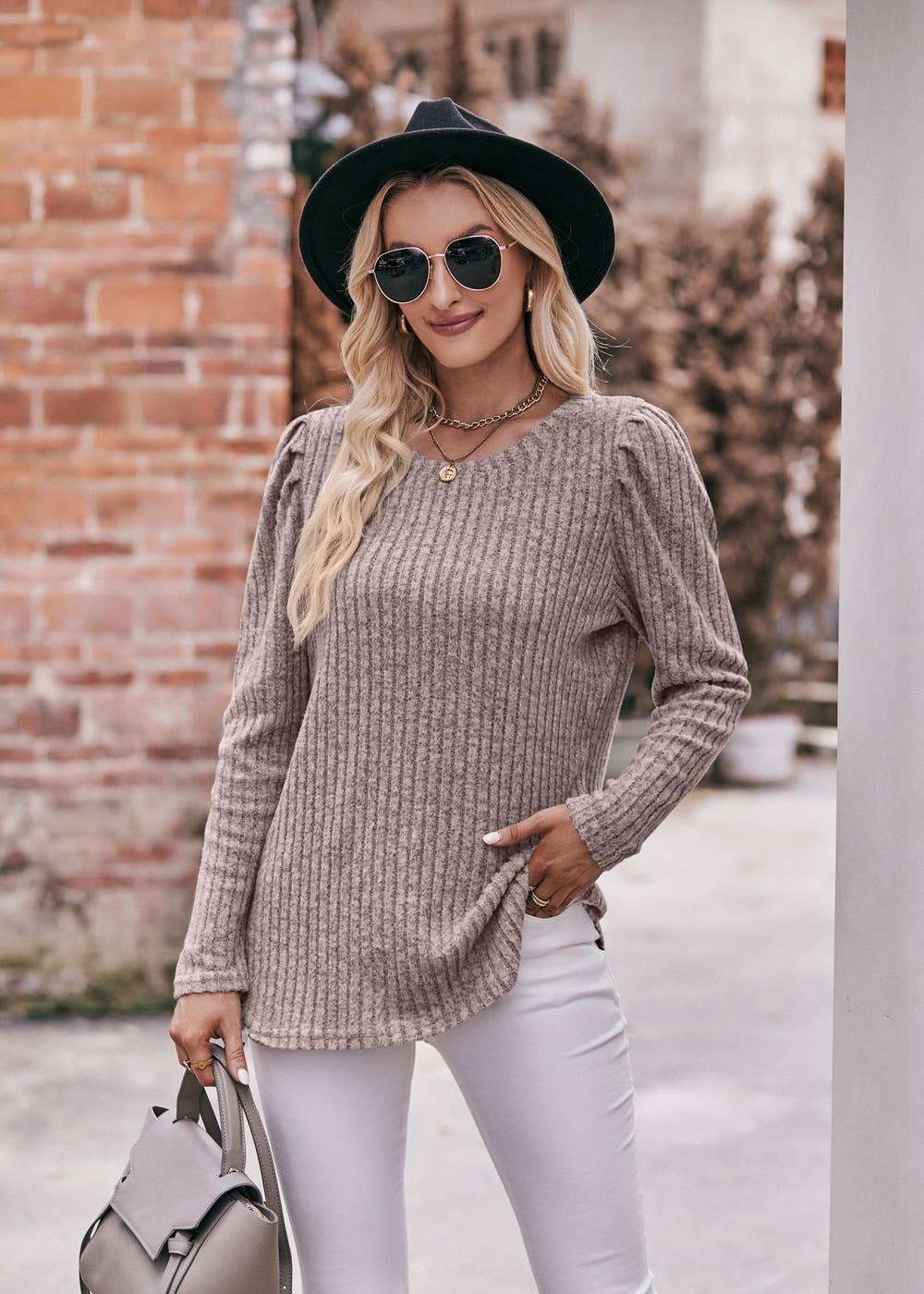 Soft Ribbed Knit Puff Sleeve Top
