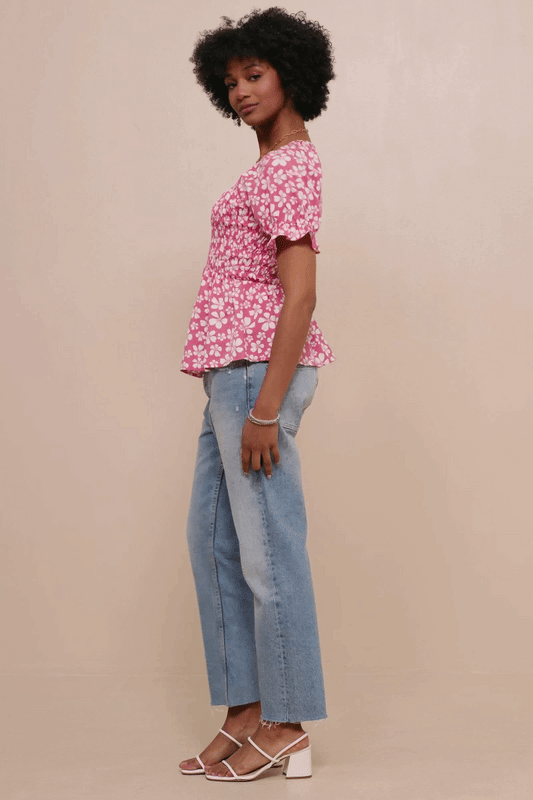 Floral Print V Neck Smocked Panel Top