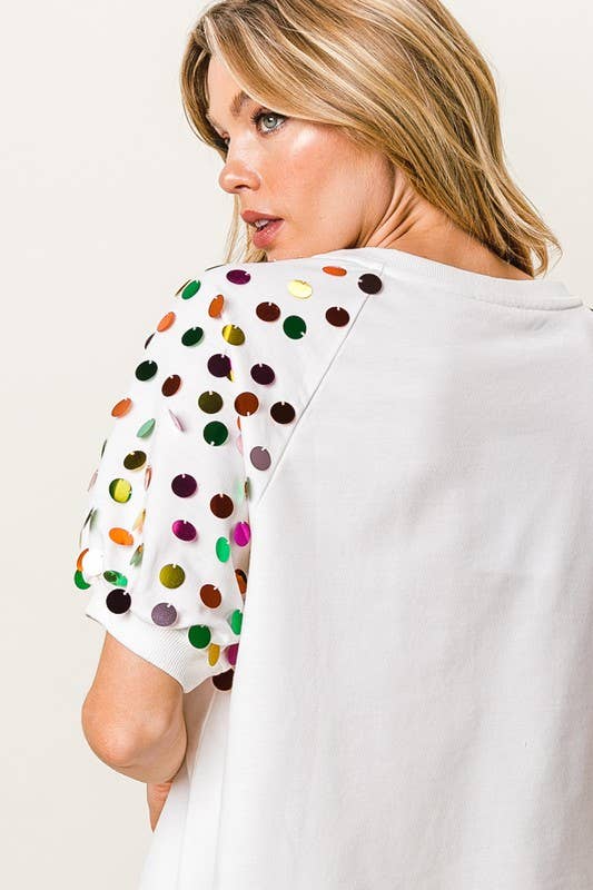 Metallic Letter Spangle Raglan Puff Sleeve Top
