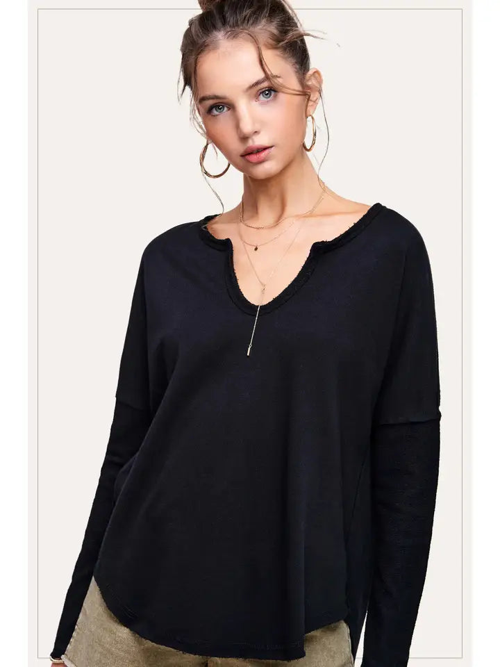 Textured Fabric Contrast Terry Long Sleeve Top