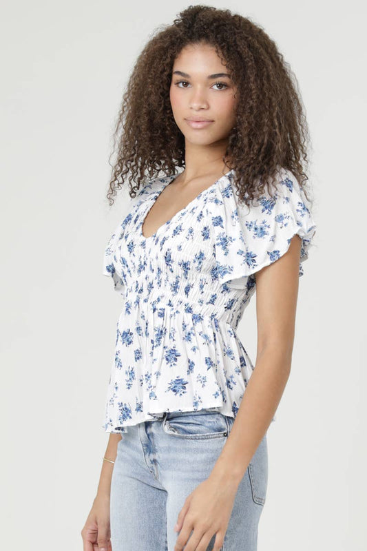 V Neck Smocked Bust Floral Print Top