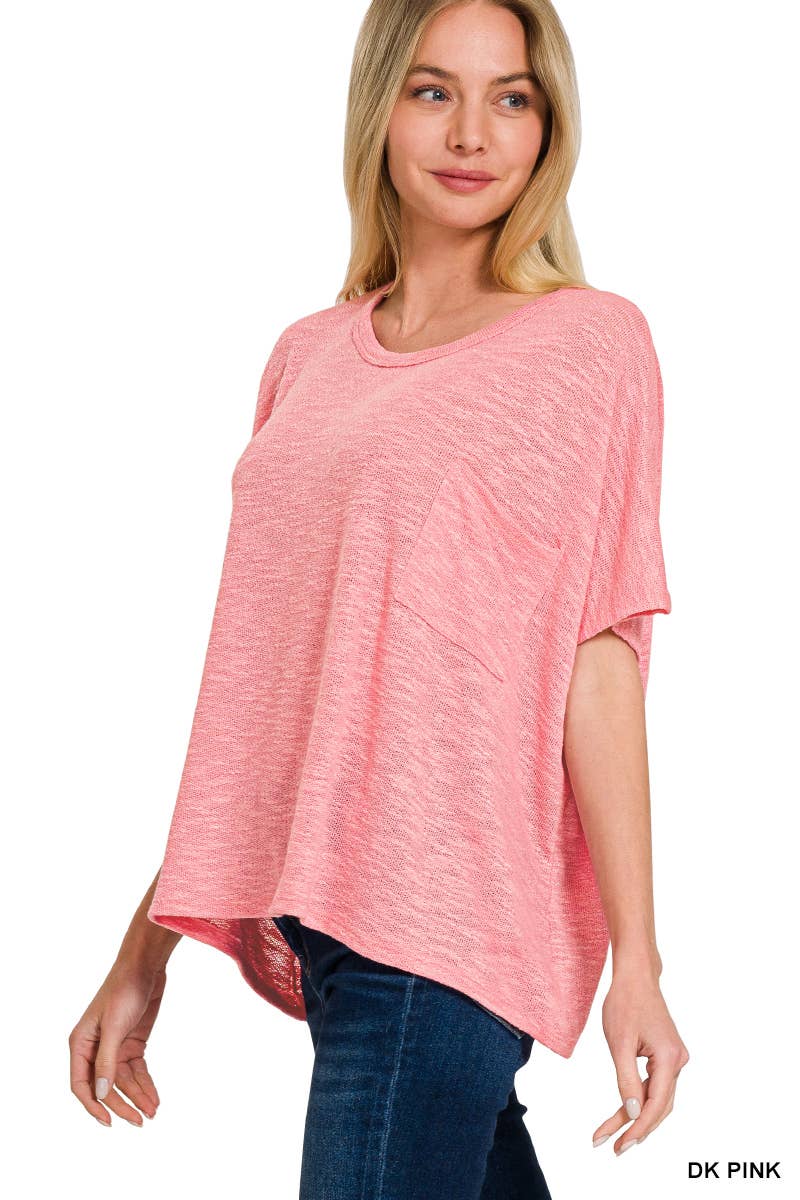 Oversized poly-rayon slub hacci top with pocket