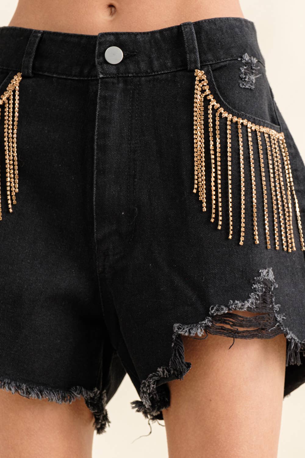 Distressed Frayed Detail Fringe Rhinestone Denim