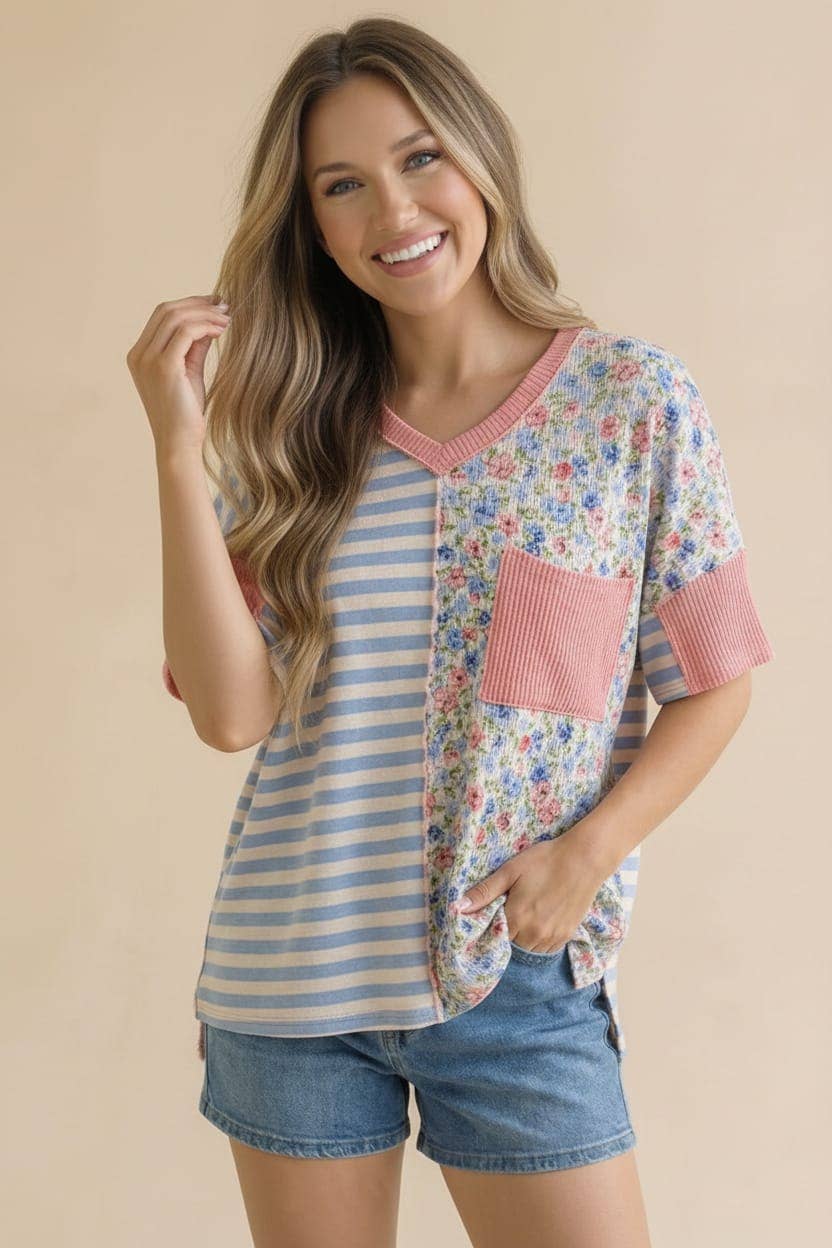 V-Neck Floral Stripe Color Block Top