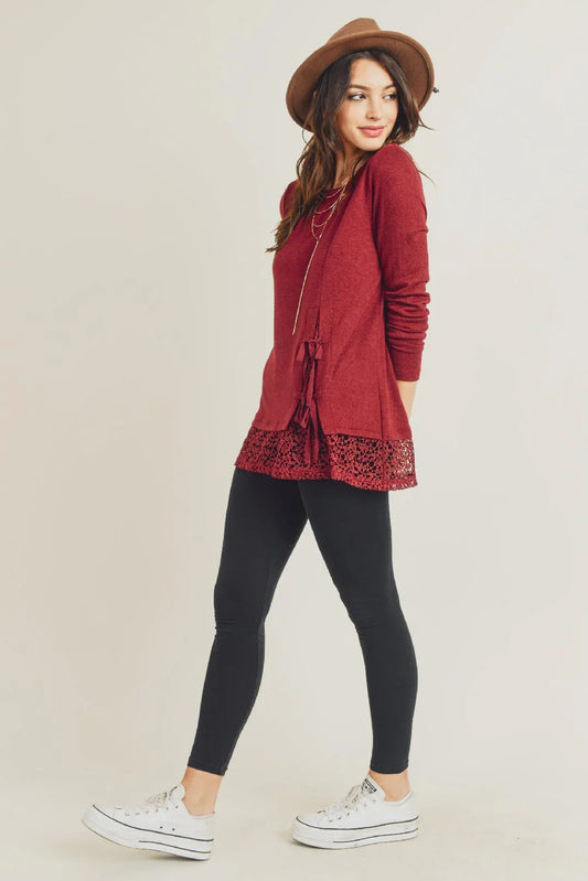 Front Tie and Lace Knit Sweater - Southern Sassy Boutique