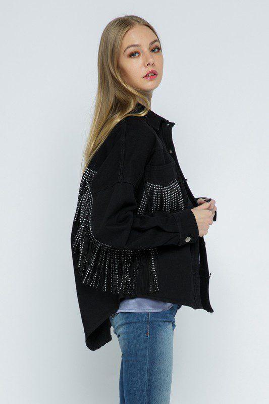 Denim Jacket with Metal Stud Fringe - Southern Sassy Boutique