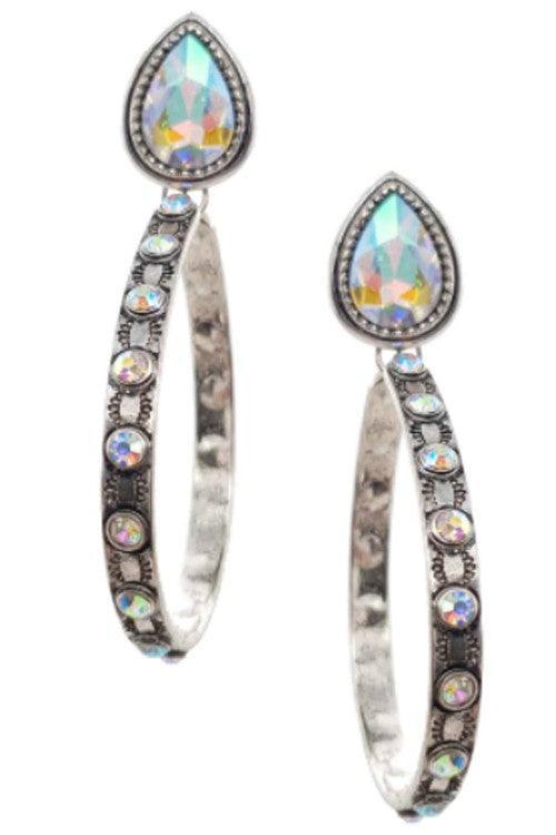 AB Rhinestone teardrop shape hoop post earring - Southern Sassy Boutique