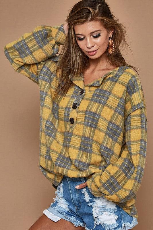 Super Soft Checker Print Brush Buttoned Henley Top - Southern Sassy Boutique