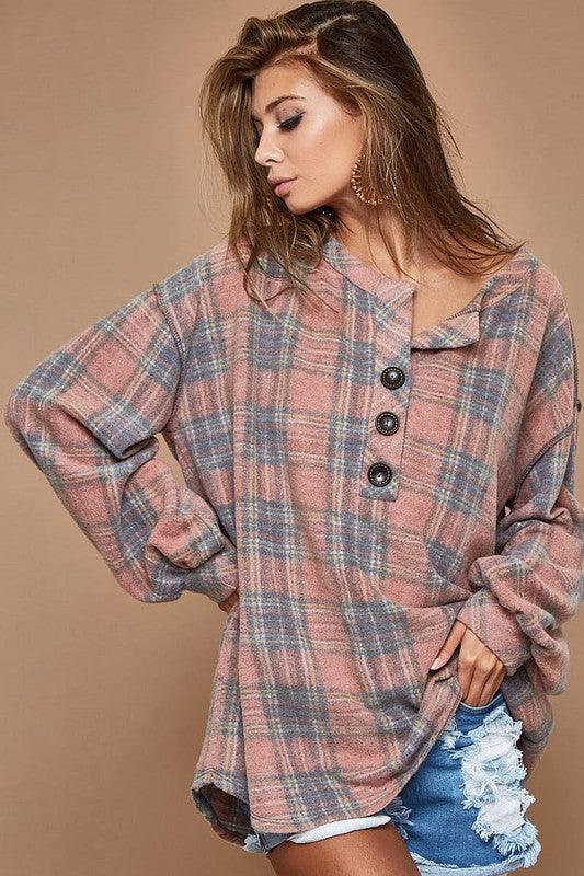 Super Soft Checker Print Brush Buttoned Henley Top - Southern Sassy Boutique