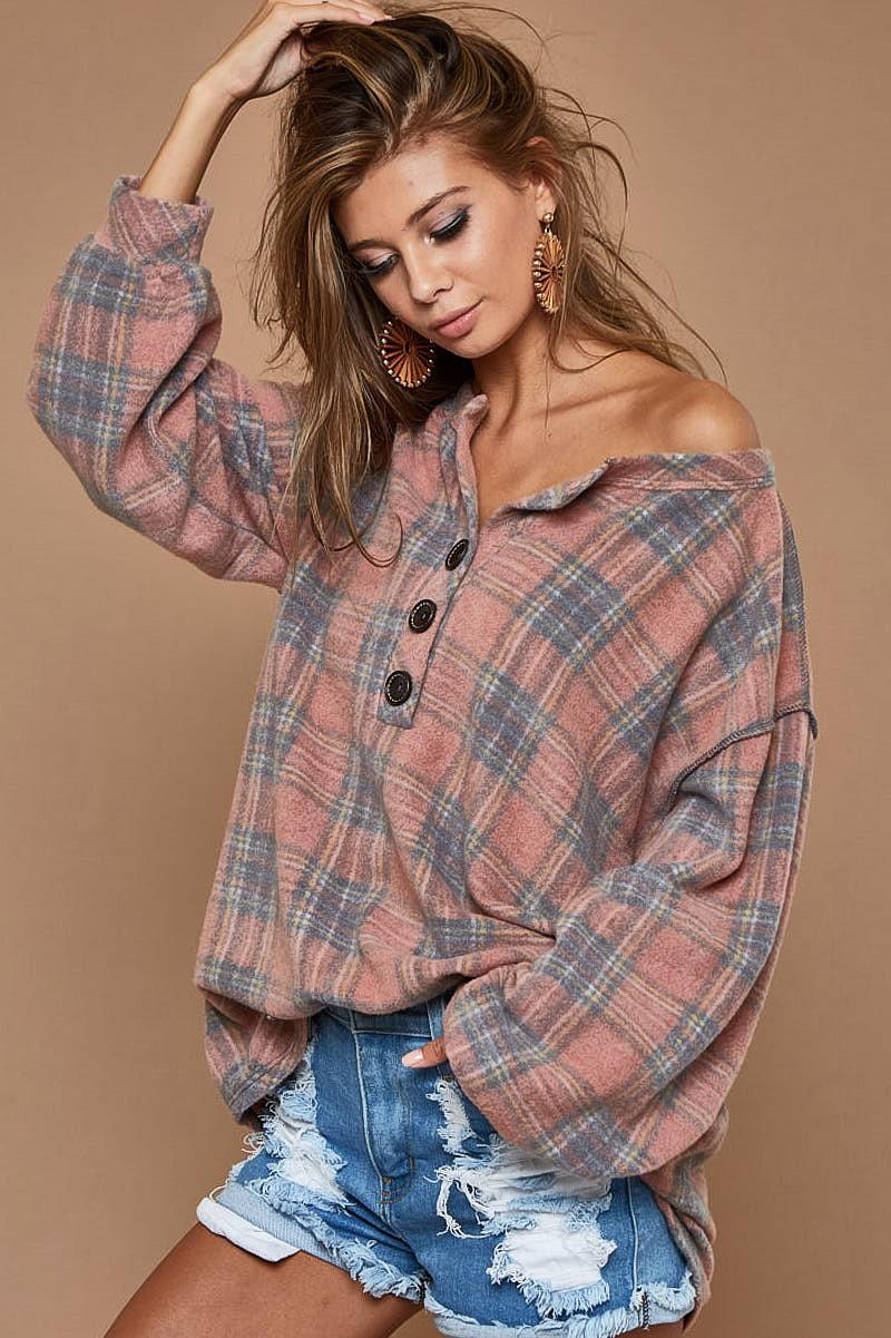 Super Soft Checker Print Brush Buttoned Henley Top - Southern Sassy Boutique