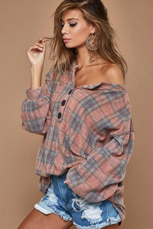 Super Soft Checker Print Brush Buttoned Henley Top - Southern Sassy Boutique