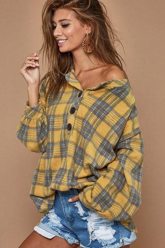 Super Soft Checker Print Brush Buttoned Henley Top - Southern Sassy Boutique