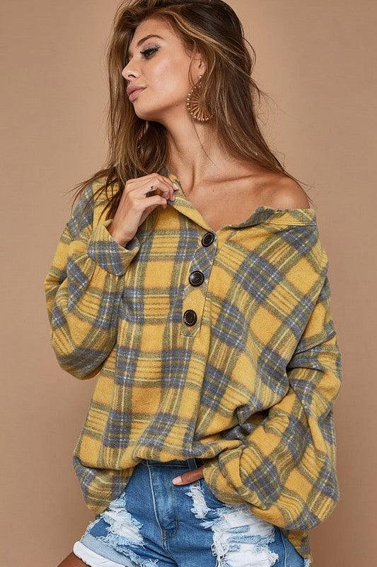 Super Soft Checker Print Brush Buttoned Henley Top - Southern Sassy Boutique