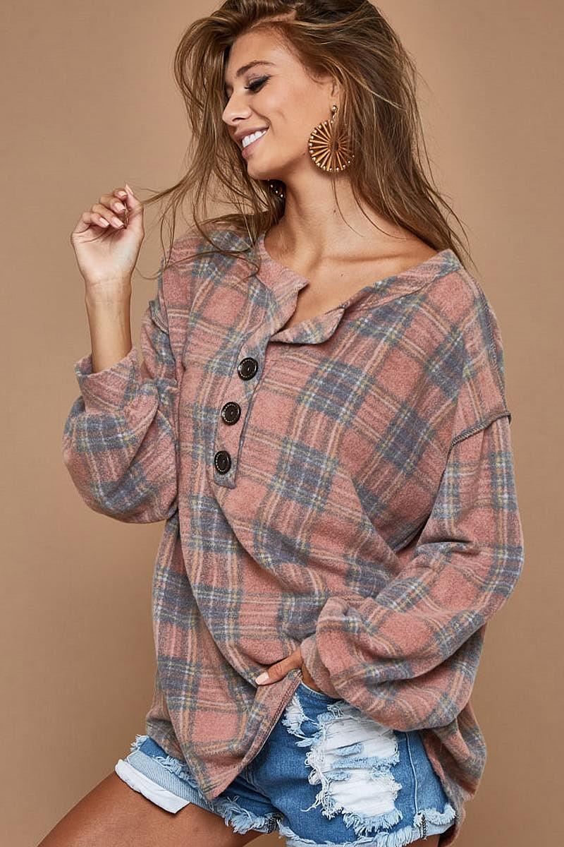 Super Soft Checker Print Brush Buttoned Henley Top - Southern Sassy Boutique