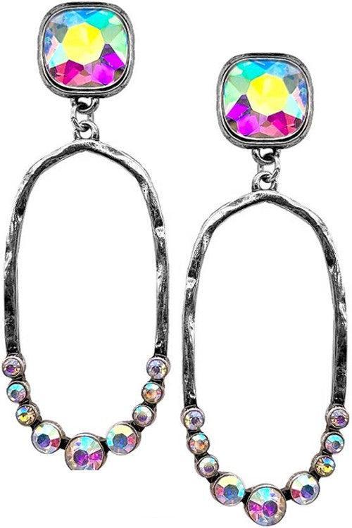 Beautiful Square AB Glass Crystal Hammered Oval Earring - Southern Sassy Boutique