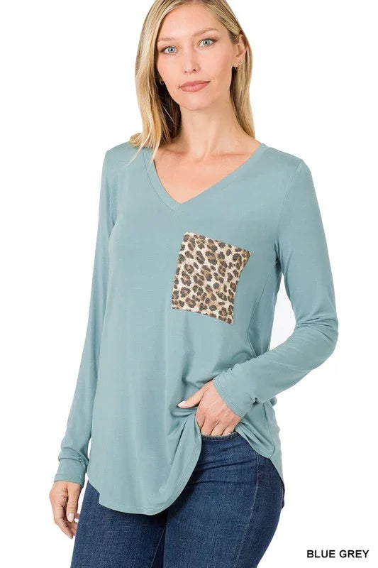Luxe Rayon Top with Leopard Print Pocket - Southern Sassy Boutique