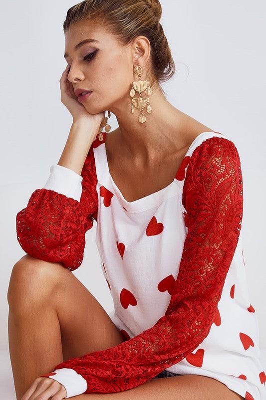 Heart Printed Brushed Knit Lace Top - Southern Sassy Boutique