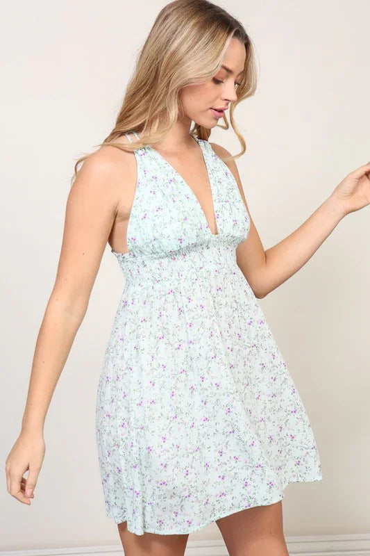 Floral Print Halter Mini Dress - Southern Sassy Boutique