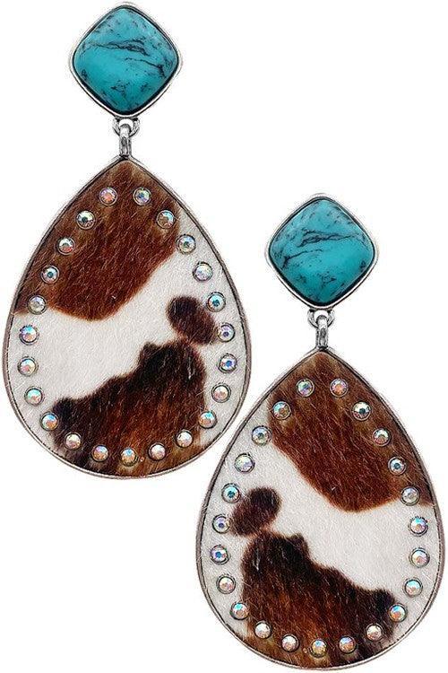 Gemstone and rhinestone teardrop cowhide earring - Southern Sassy Boutique