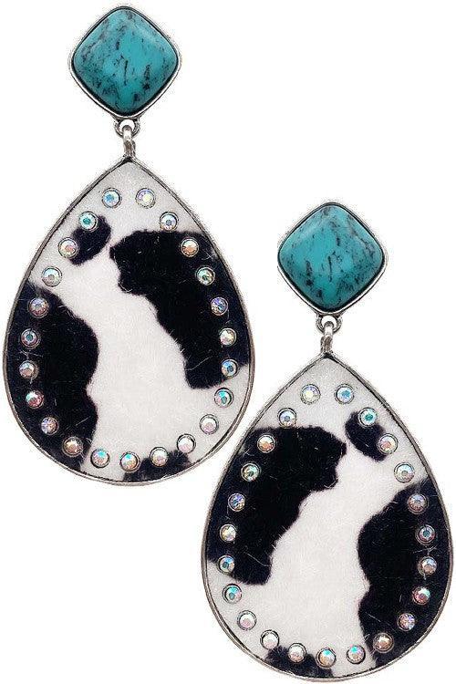 Gemstone and rhinestone teardrop cowhide earring - Southern Sassy Boutique
