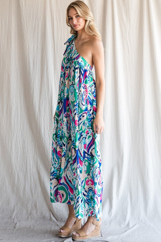 Multi Color Print One Shoulder Self-Tie Dress