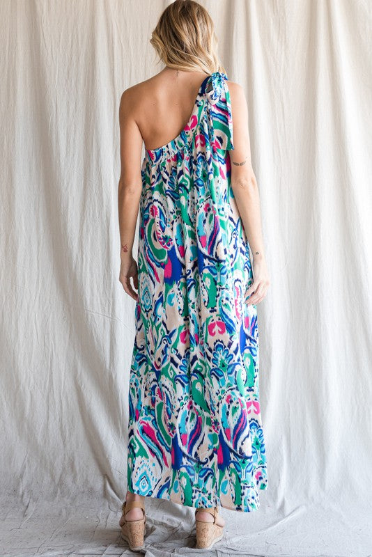 Multi Color Print One Shoulder Self-Tie Dress