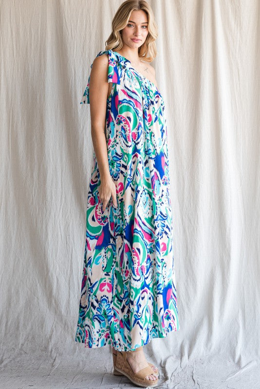 Multi Color Print One Shoulder Self-Tie Dress