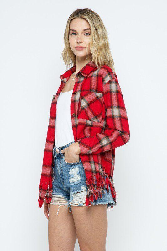 Ripped Plaid Flannel Top - Southern Sassy Boutique