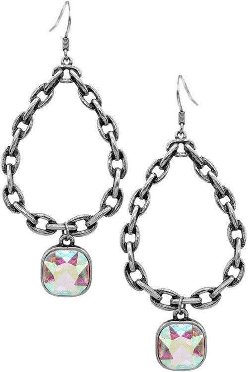 Teardrop chain square AB glass crystal charm earring - Southern Sassy Boutique