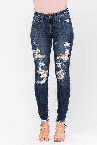 Image: Distressed Skinny Denim Dark Blue | Southern Sassy Boutique