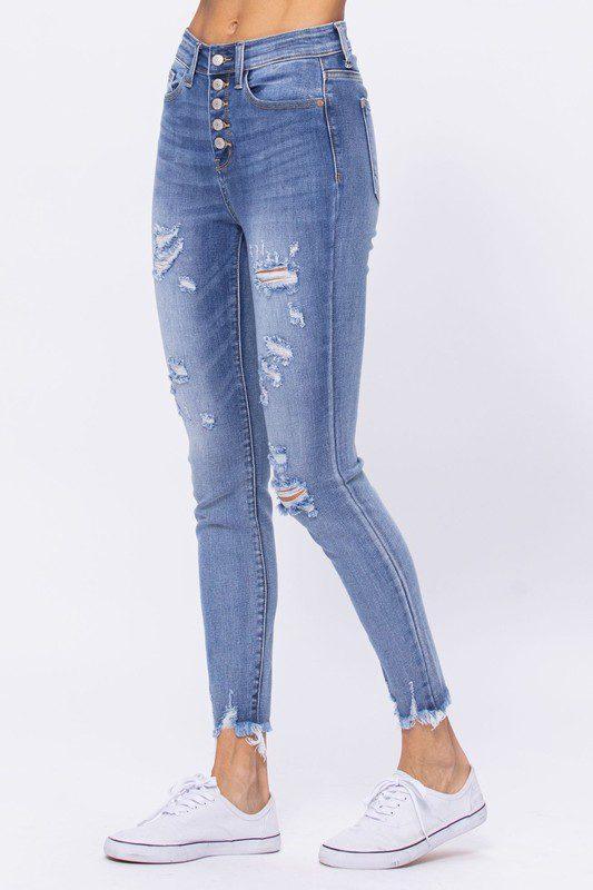 Judy Blue High Rise Destroyed Button-Fly Skinnies - Southern Sassy Boutique