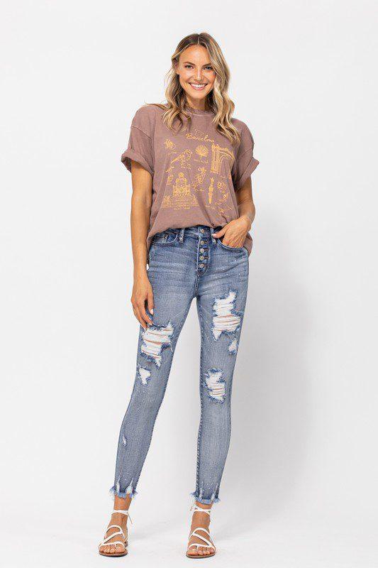 Image: Beach Splash Destroyed Skinny Jeans Light | Southern Sassy Boutique
