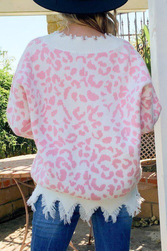 Frayed Animal Print V-Neck Sweater - Southern Sassy Boutique