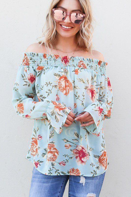 Image: Off Shoulder Floral Top Sky Blue | Southern Sassy Boutique