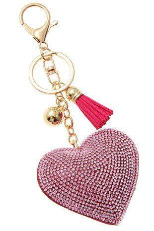 Puffy Crystal Embellished Heart Key Chain With Tassel. - Southern Sassy Boutique