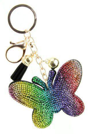 Puffy Crystal Embellished Butterfly Key Chain With Tassel. - Southern Sassy Boutique