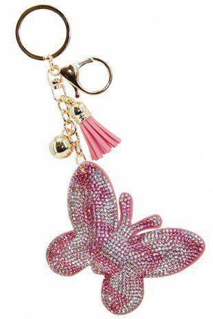 Puffy Crystal Embellished Butterfly Key Chain With Tassel. - Southern Sassy Boutique