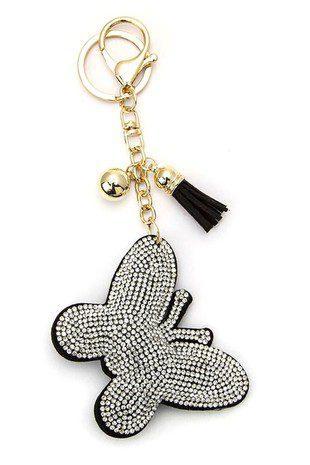 Puffy Crystal Embellished Butterfly Key Chain With Tassel. - Southern Sassy Boutique