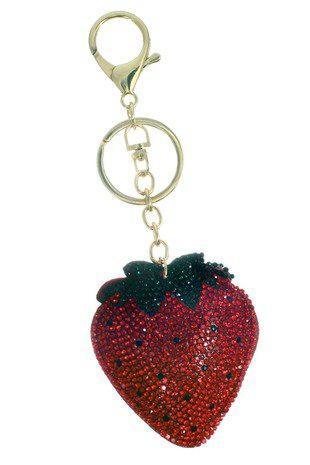 Puffy Crystal Embellished Strawberry Key Chain With Tassel. - Southern Sassy Boutique