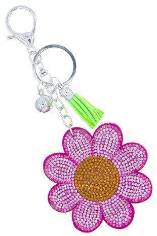 Pretty And Puffy Crystal Embellished Daisy Flower Key Chain With Tassel. - Southern Sassy Boutique